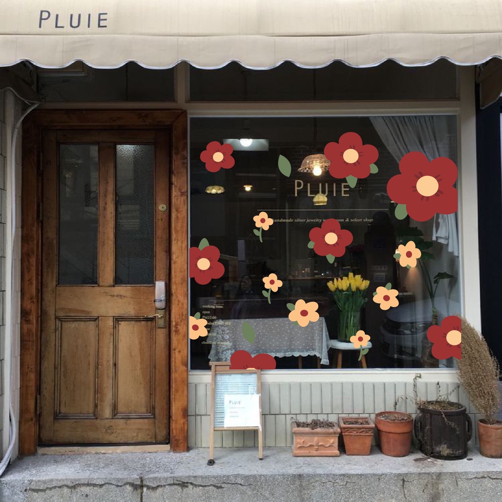 Hình dán hoa đỏ aesthetic trang trí gương cửa hàng cute