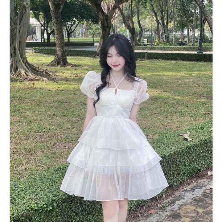 Đầm nữ Tiểu Thư kiểu dáng Hàn Quốc váy Maxi dây chéo chiết eo 3 tầng dịu dàng dự tiệc đi chơi