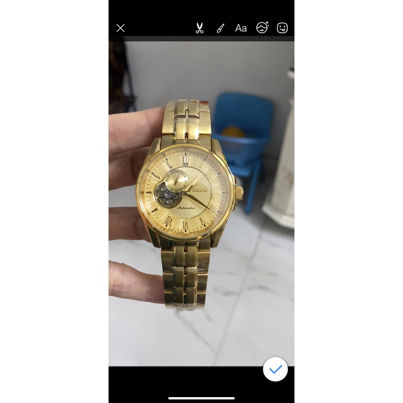 Đồng hồ Nam seiko cơ automic máy nhật japan hở tim mặt vàng vỏ vàng  size 40mm dây kim loại