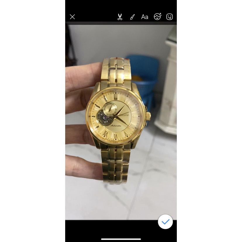 Đồng hồ Nam seiko cơ automic máy nhật japan hở tim mặt vàng vỏ vàng  size 40mm dây kim loại