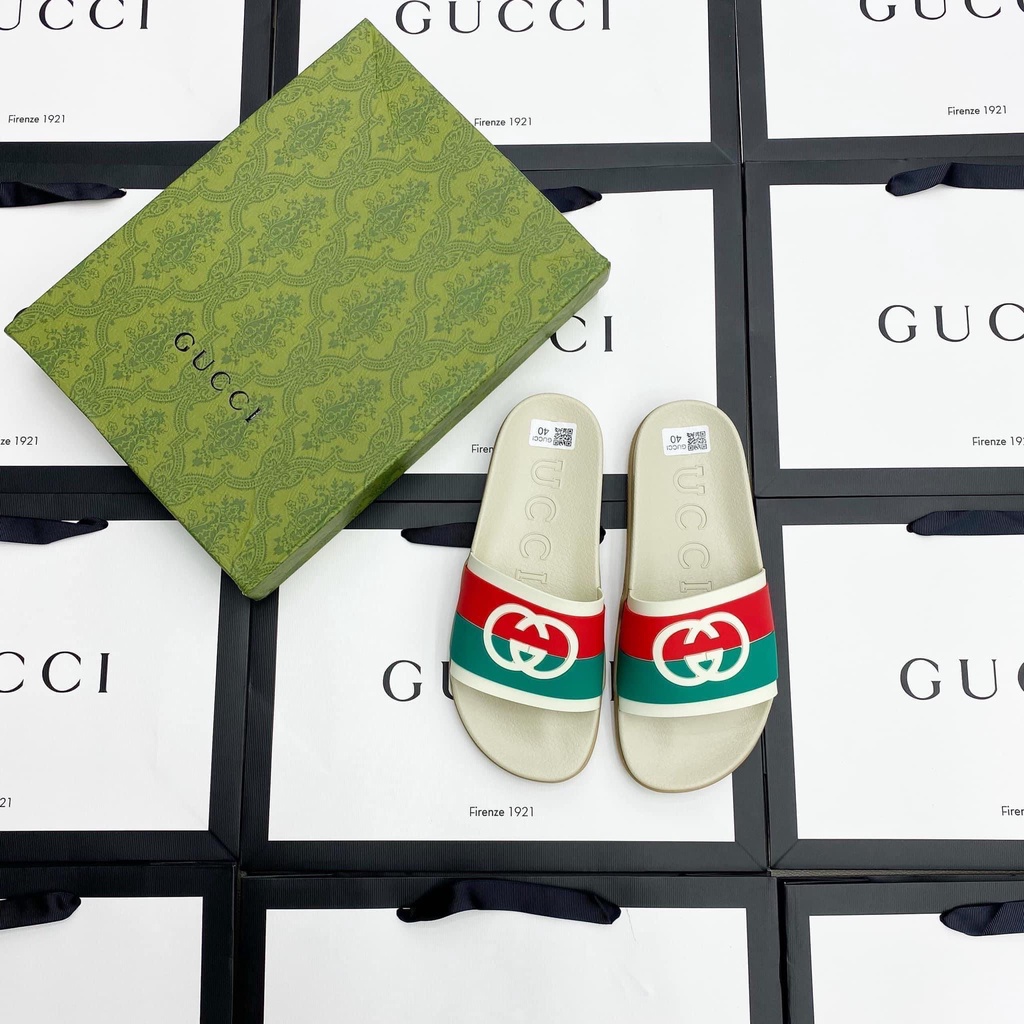 [ VIP Luxury] Dép lê quai ngang Gucci check đế sọc xanh đỏ logo GG LA on web fullbox bill thẻ phụ kiện