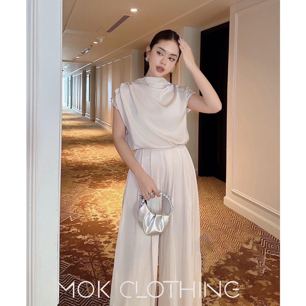 Set đồ nữ áo cộc tay đính cườm hoa phối quần suông dài cap lưng cao ống rộng thanh lịch quý phái hàng thiết kế cao cấp