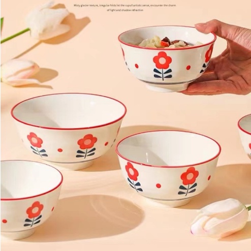Bát đĩa hoa nhí đỏ BDIAR3 cute dễ thương đựng thức ăn chụp ảnh Decor Ăn Cơm Ăn Chè Bộ Chén Dĩa