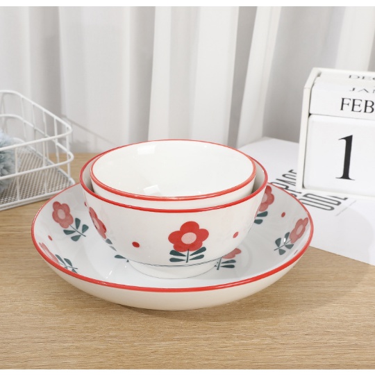 Bát đĩa hoa nhí đỏ BDIAR3 cute dễ thương đựng thức ăn chụp ảnh Decor Ăn Cơm Ăn Chè Bộ Chén Dĩa