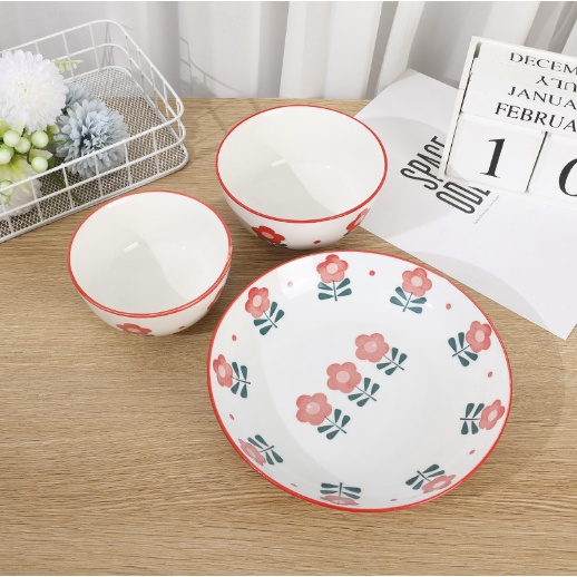 Bát đĩa hoa nhí đỏ BDIAR3 cute dễ thương đựng thức ăn chụp ảnh Decor Ăn Cơm Ăn Chè Bộ Chén Dĩa