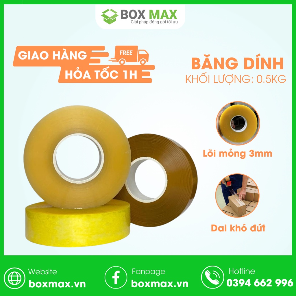 Băng dính đóng hàng 1kg lõi nhựa siêu mỏng 2,4mm - 3 màu ( Trong, Vàng, Vàng đục)