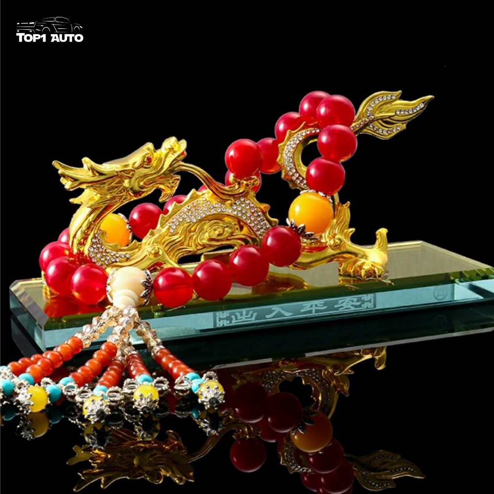 Tượng rồng vàng ngậm ngọc đính đá cao cấp trang trí taplo ô tô, bàn làm việc P113