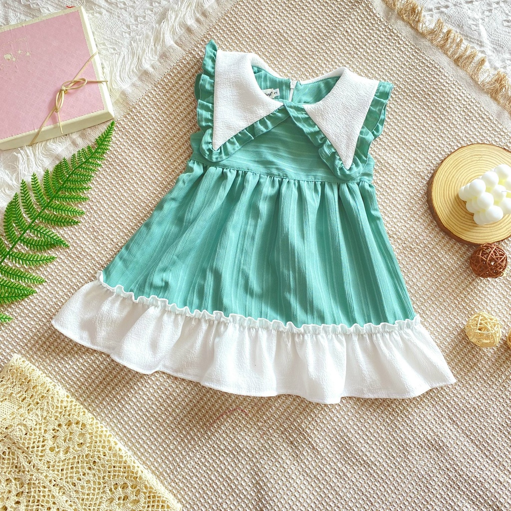 Đầm xanh thiết kế cổ tròn nhún bèo chân váy nhún bèo sang xinh cho bé