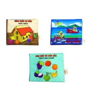 Bộ 3 sách vải PiPo cho bé - Kích thích thị giác chủ đề Hình khối, hoa quả màu sắc, phương tiện giao thông