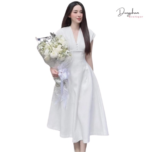 Đầm nữ thiết kế cổ V dáng dài chất thun tăm phối ph bóng đầm dự tiệc trọng - Anna.Store