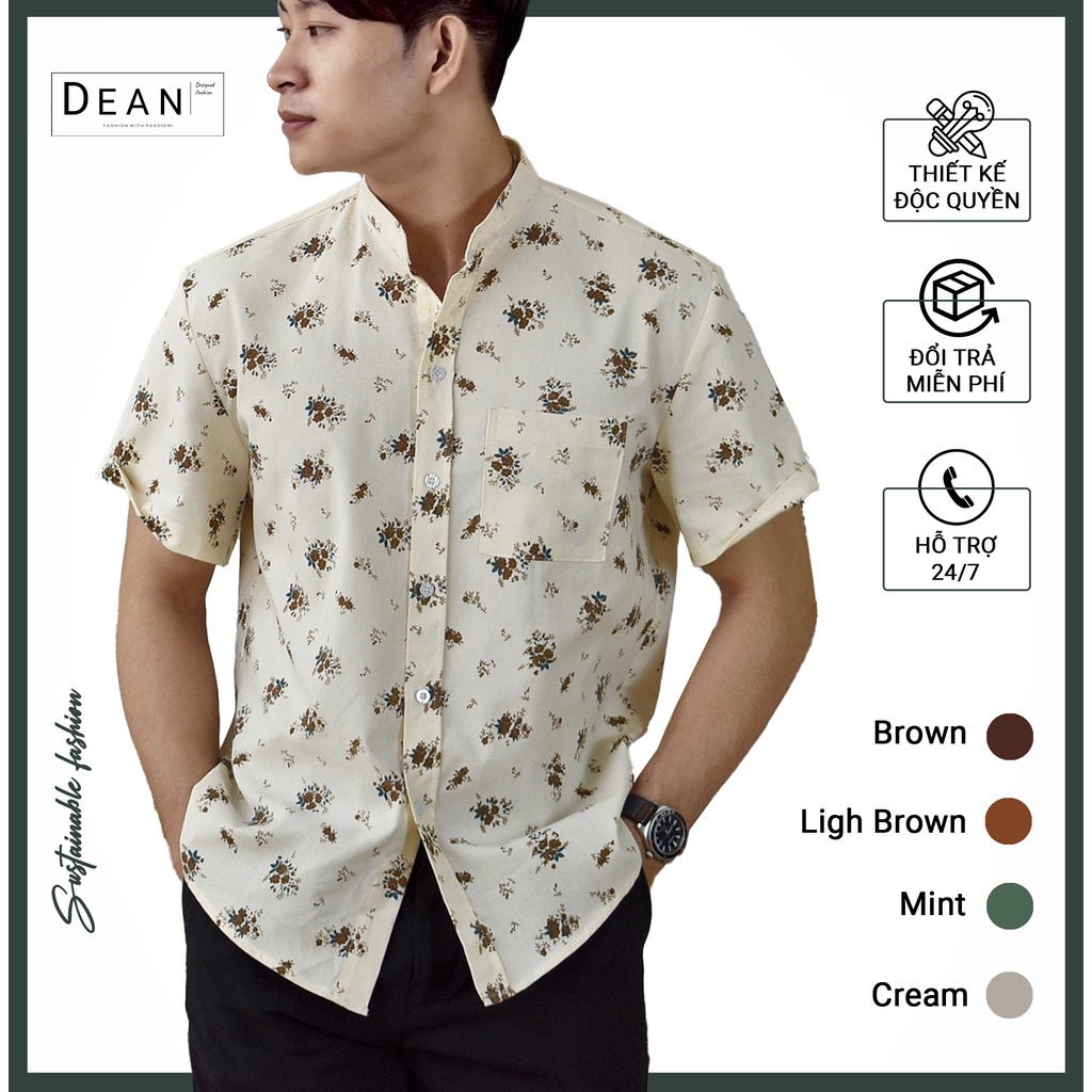 Áo sơ mi nam Dean hàng cao cấp linen đũi Dean cổ trụ tay ngắn họa tiết hoa trên nền kem