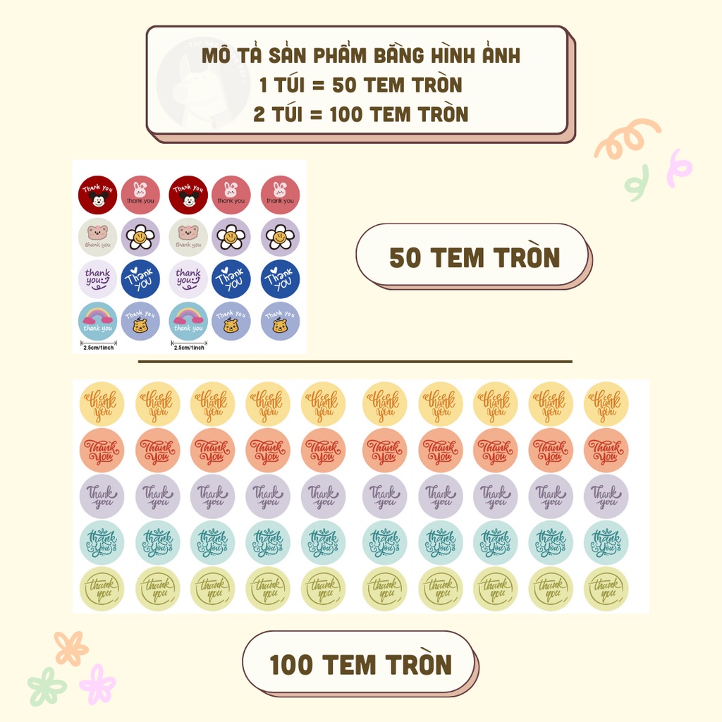 Set chiết 50-100 tem sticker Thank You cảm ơn niêm phong gói hàng giá rẻ họa tiết nổi bật dễ thương