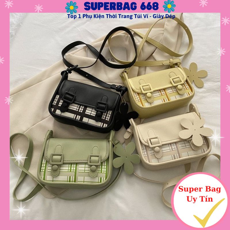 Túi xách nữ đeo chéo đeo vai thời trang kẻ tặng kèm móc hoa 513