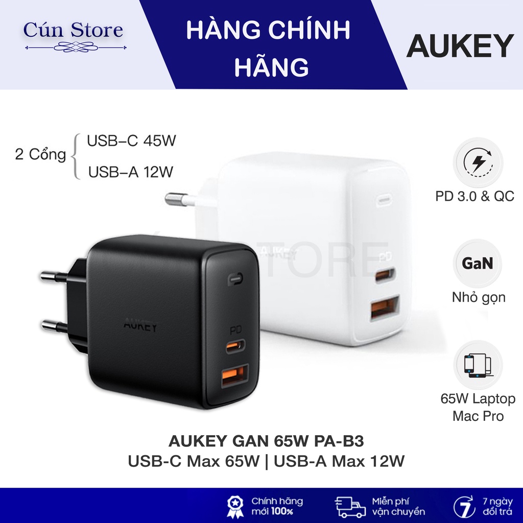Củ sạc 2 cổng Aukey 65W Omnia GaN PA-B3, sạc nhanh PD 3.0 cho laptop và sạc Samsung QC 4.0 | Bảo hành 12 tháng