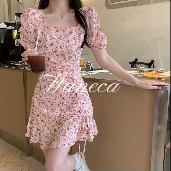 Waneca Đầm Hoa Đuôi Cá Cổ Vuông Tay Phồng Thời Trang Đơn Giản Cho Nữ