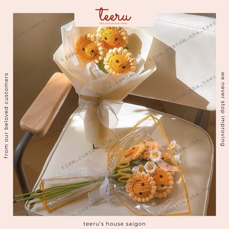 Hoa Len Hướng dương mặt cười, móc bông hoa hướng dương mặt trời bằng len handmade - Crochet Teeru's House