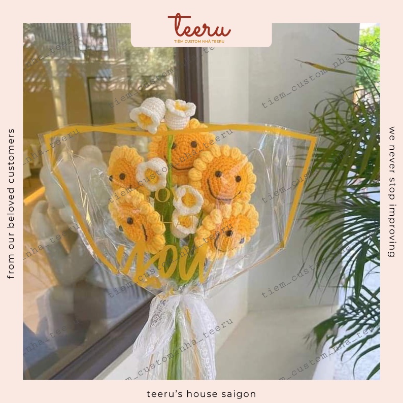 Hoa Len Hướng dương mặt cười, móc bông hoa hướng dương mặt trời bằng len handmade - Crochet Teeru's House