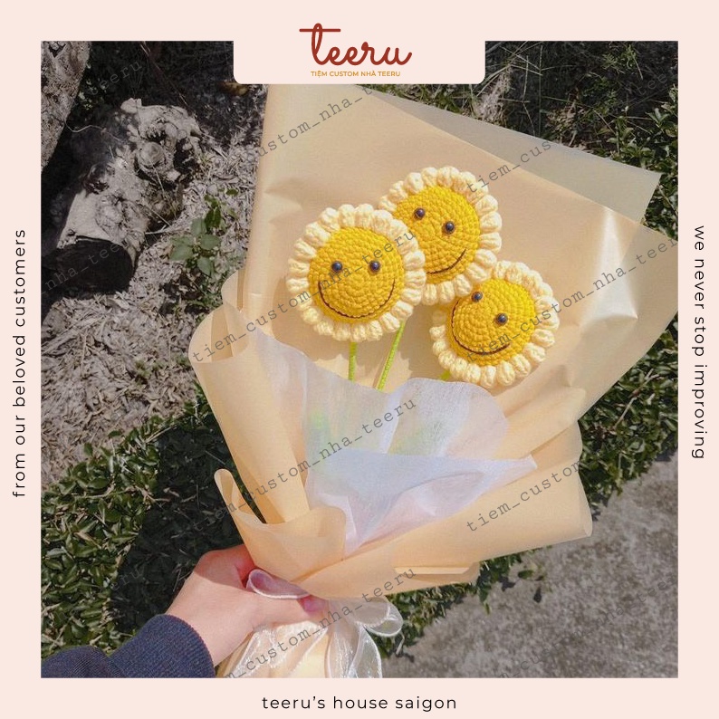 Hoa Len Hướng dương mặt cười, móc bông hoa hướng dương mặt trời bằng len handmade - Crochet Teeru's House