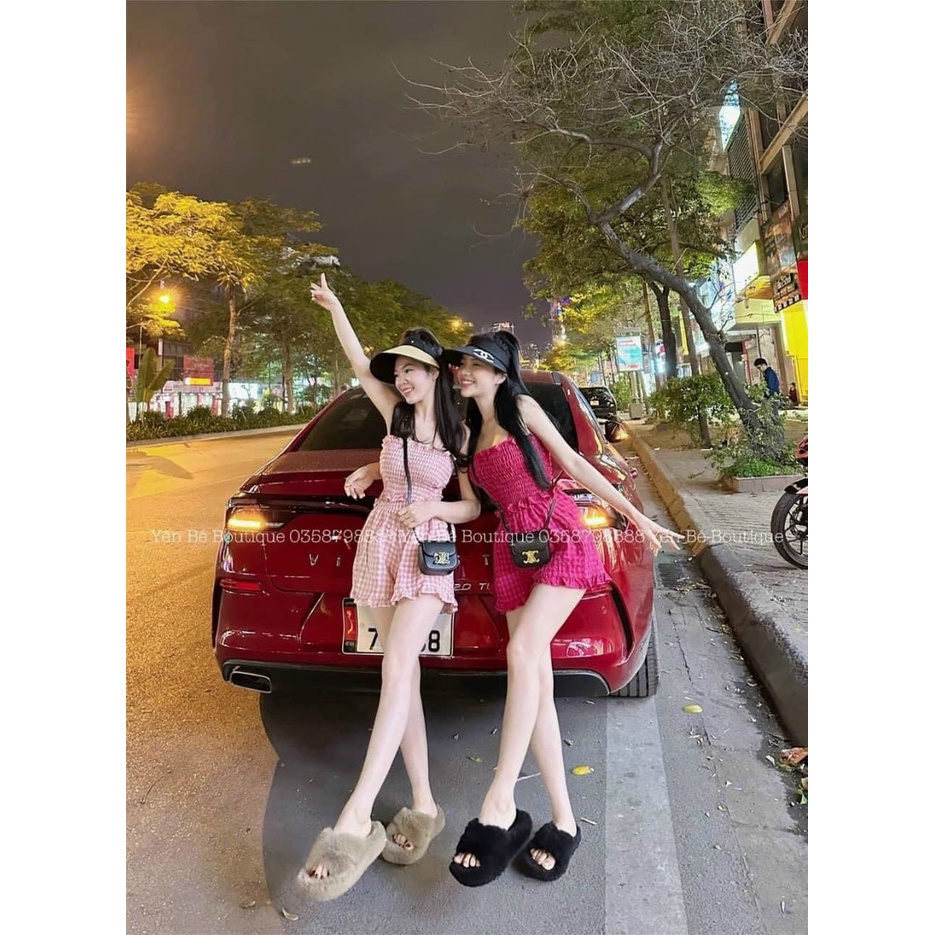 Sét bộ đũi xốp cao cấp,bộ caro đùi áo nhún 2 dây xinh xắn,mặc siêu cưng