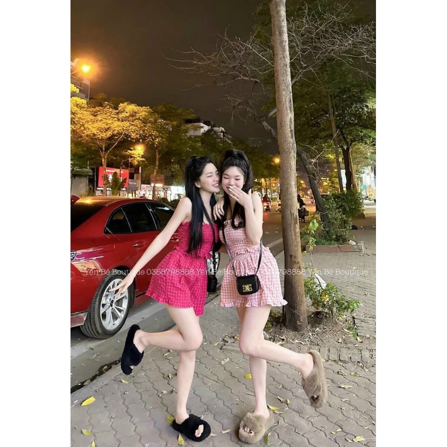 Sét bộ đũi xốp cao cấp,bộ caro đùi áo nhún 2 dây xinh xắn,mặc siêu cưng