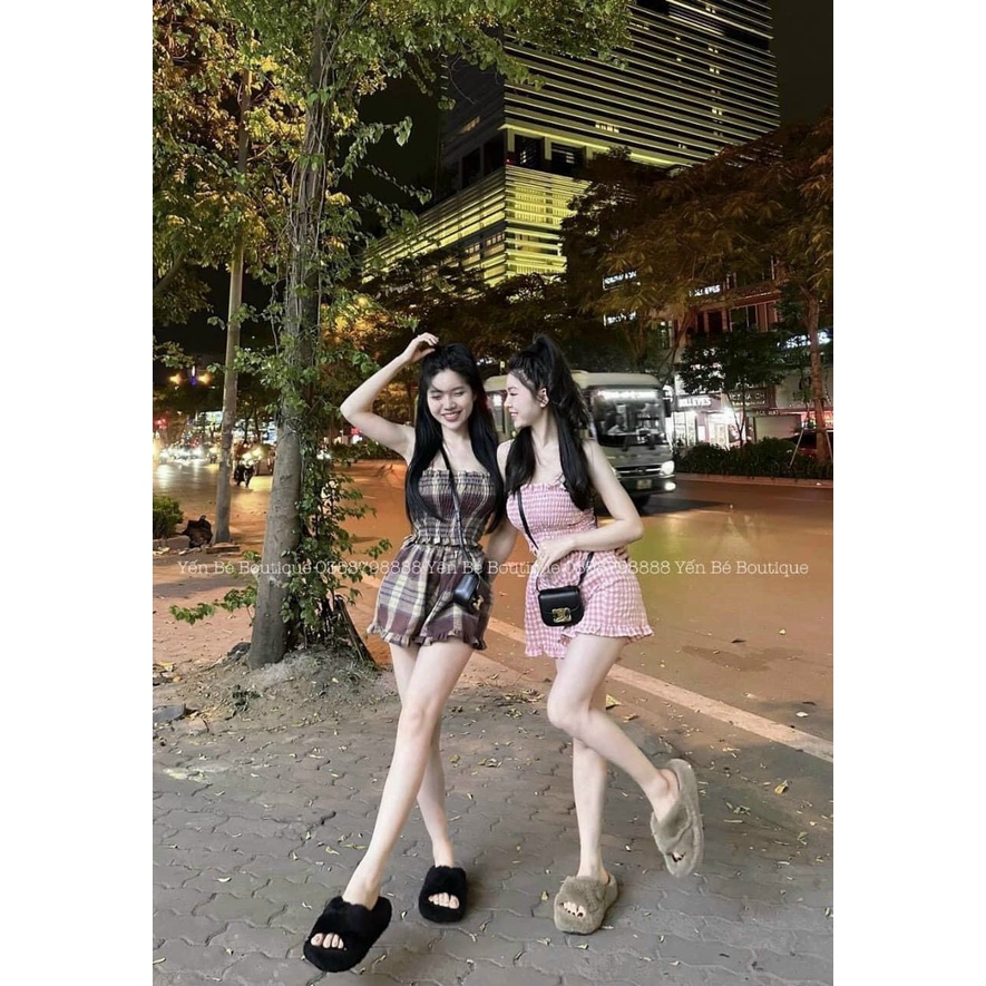 Sét bộ đũi xốp cao cấp,bộ caro đùi áo nhún 2 dây xinh xắn,mặc siêu cưng