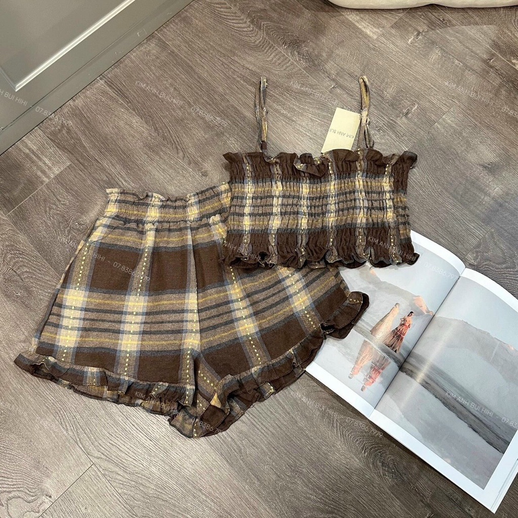 Sét bộ đũi xốp cao cấp,bộ caro đùi áo nhún 2 dây xinh xắn,mặc siêu cưng