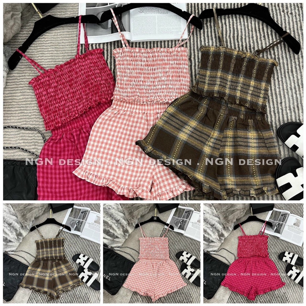 Sét bộ đũi xốp cao cấp,bộ caro đùi áo nhún 2 dây xinh xắn,mặc siêu cưng