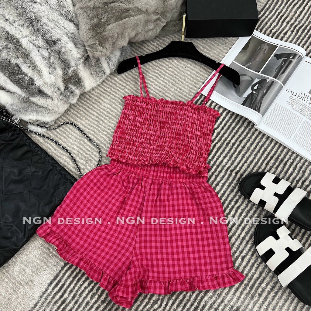 Sét bộ đũi xốp cao cấp,bộ caro đùi áo nhún 2 dây xinh xắn,mặc siêu cưng