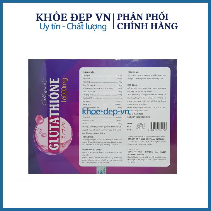 Viên  uống hỗ trợ trắng da GLUTATHIONE 16000mg mờ nám giảm tàn nhang chống lão hóa da  hộp 2 lọ 60 viên - MEDIUSA