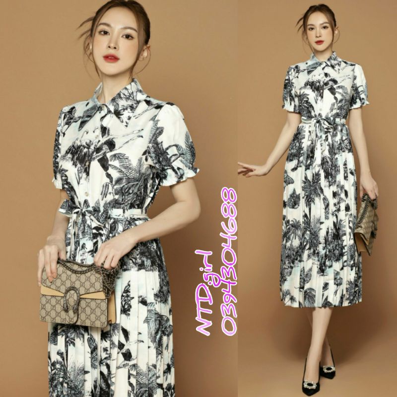 Hàng nhập - Đầm dáng xòe lụa tùng xếp li tay ngắn , váy dự tiệc maxi cổ sơ mi