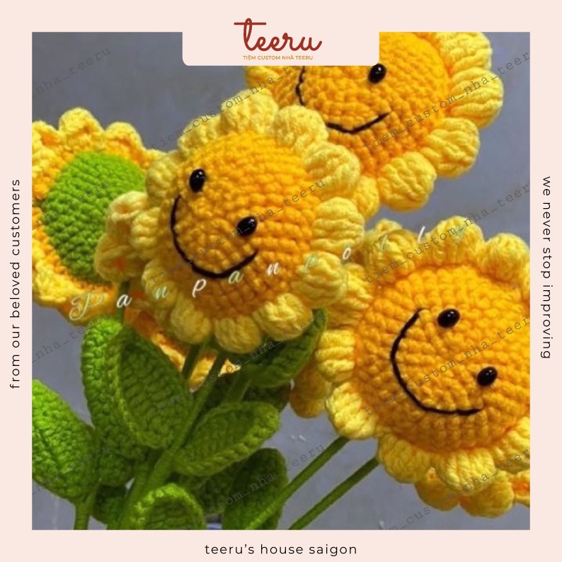 Hoa Len Hướng dương mặt cười, móc bông hoa hướng dương mặt trời bằng len handmade - Crochet Teeru's House
