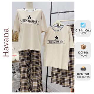 Set bộ nữ Havana áo cộc tay quần đũi dài mặc đi chơi, Set đồ bộ nữ mặc nhà quần đũi Havana, Set bộ áo cổ tròn quần kẻ