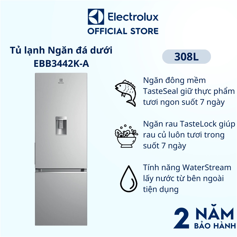 Tủ lạnh Electrolux Inverter UltimateTaste 300 ngăn đá dưới 308 lít - EBB3442K-A