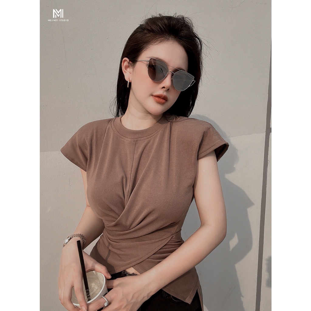 Áo thun nữ Shadow xoắn eo, cổ tròn, cộc tay, dễ phối đồ, phù hợp mặc đi chơi, đi làm | XKA53 | MeiMei Studio