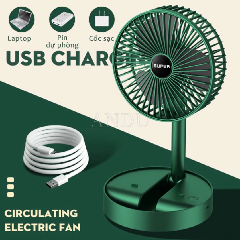 Quạt Tích Điện Để Bàn Gấp Gọn Super Có Thể Điều Chỉnh Độ Cao , 3 Tốc Độ Gió, Cổng Sạc USB Xoay 180 Độ Siêu Tiện Lợi -QB3