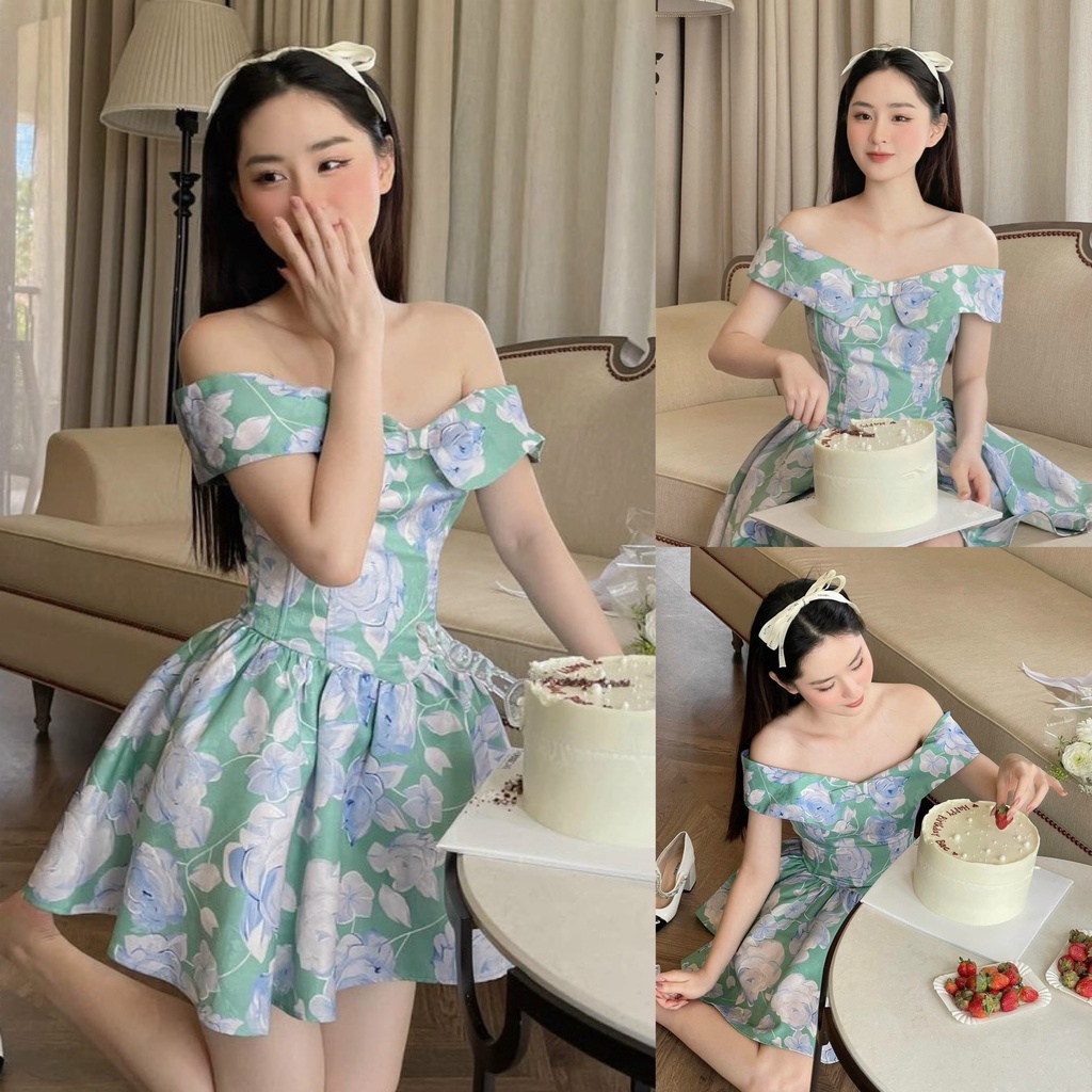 Đầm váy nữ trễ vai xòe xếp ly họa tiết hoa xinh xắn với tone màu xanh nhẹ nhàng dành cho các nàng diện đi chơi siêu xinh