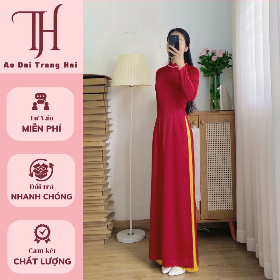 Áo dài truyền thống màu đỏ đô, chất lụa ngọc cao cấp bay tà