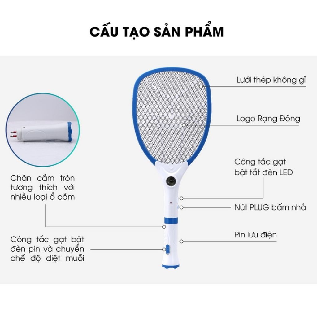 Vợt muỗi 2 trong 1 Rạng Đông VBM RD.02 cao cấp - Vợt bắt muỗi điện tử 2 trong 1 Có kiêm đèn pin siêu sáng longtime.watch