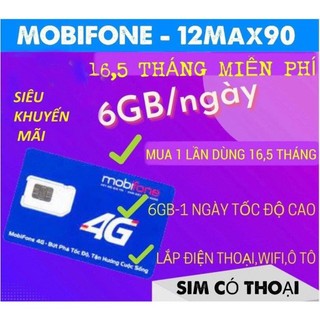 SIM MOBIFONE 12MAX90 - TRỌN GÓI 16T - Dùng toàn quốc ( Không Phải Nạp Tiền )