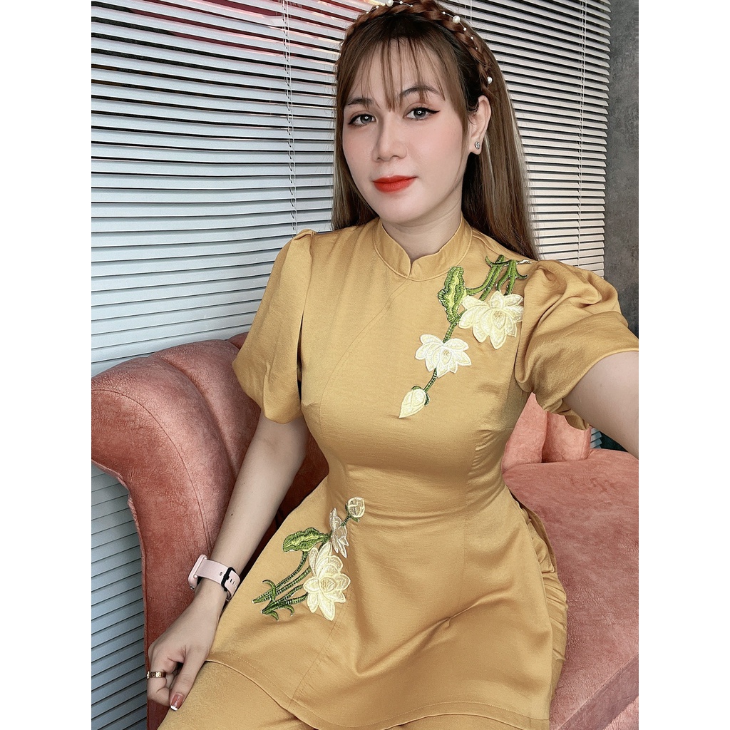 SD216 Set đồ lam đi chùa,bộ bà ba đi lễ chùa đầu năm xinh xắn thêu hình hoa sen,tay phồng,quần dài dễ thương chơi tết