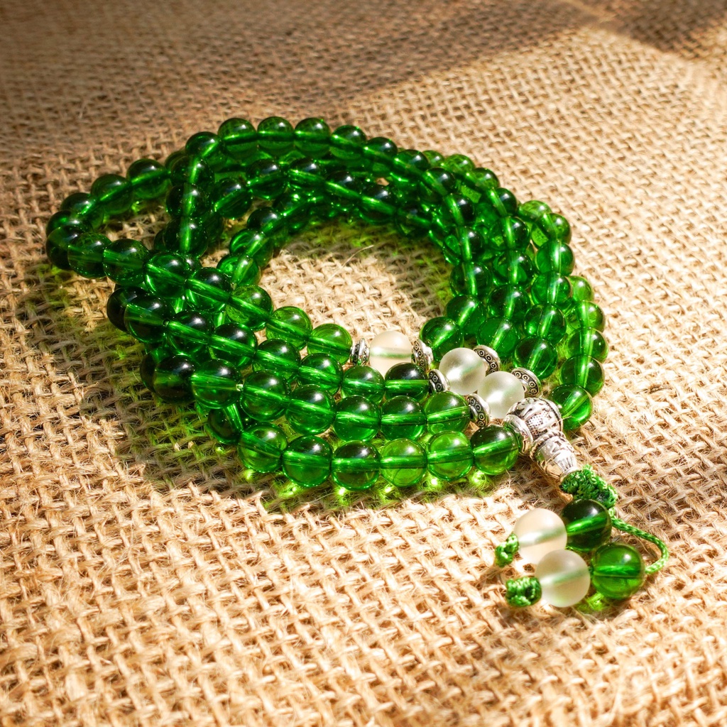 Tràng hạt 108 vòng phong thuỷ chuỗi hạt Mật Tông lưu ly - Xanh lá 8li may mắn bình an.