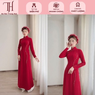 Áo dài cưới, áo dài ăn hỏi màu đỏ đính hạt cao cấp cho cô dâu, chất liệu lụa mỹ
