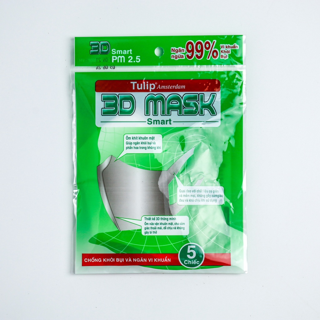 Túi 5 chiếc khẩu trang 3D Mask Smart kháng khuẩn ôm sát mặt không gây bí thở của TULIP