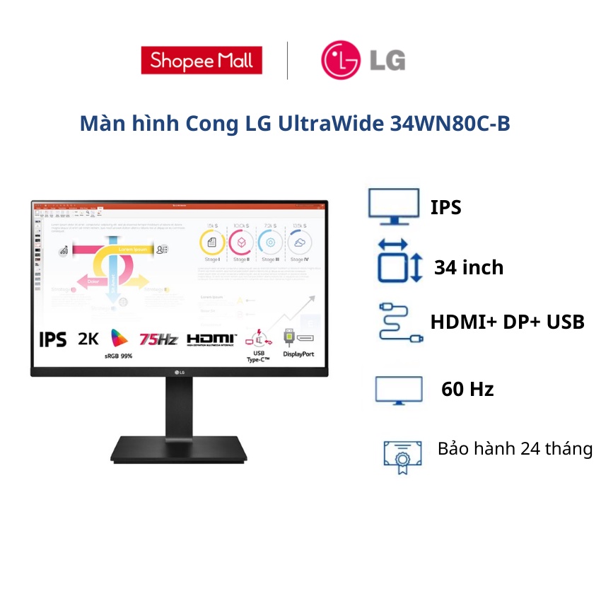 Màn hình Cong LG UltraWide 34WN80C-B( QHD/ IPS/ 60Hz/HDMI/USB TypeC) Bảo hành 24 tháng, 34 inch Ultrawide