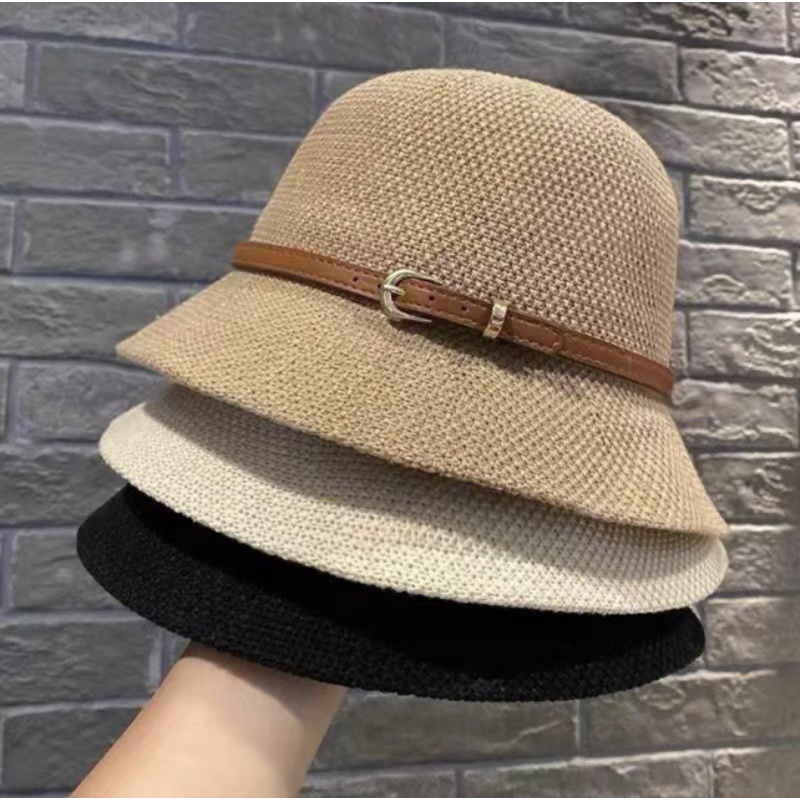Mũ cói kèm đai da siêu hot hit tone màu Hàn Quốc 3 màu Đen/Nâu/Kem ulzzang QC - Mũ đi chơi, đi biển, du lịch Yena Closet