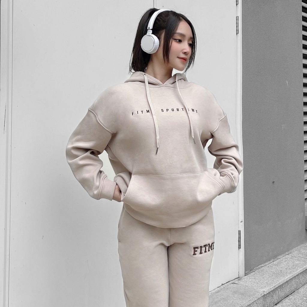 Bộ quần áo thể thao nữ Fitme áo khoác Hoodie Be, quần Jogger nỉ Be cạp cao hỗ trợ tập yoga tốt