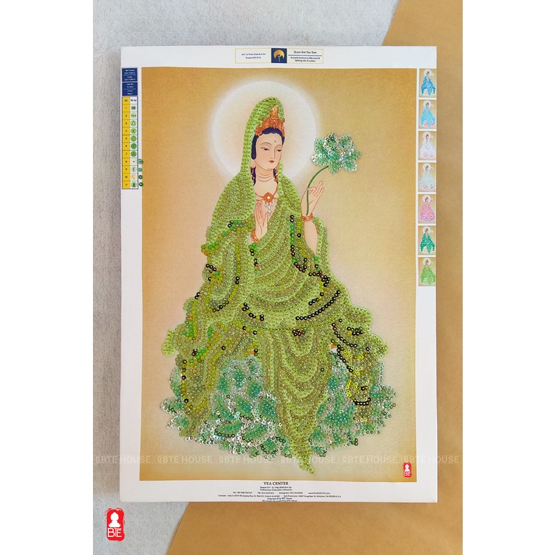 DIY Tranh Đính Kim Sa- Bộ Tự Thêu Ghim- Áo Xanh Lá - Quan Âm Toạ Sen- 50x30cm - QAC1GBX3