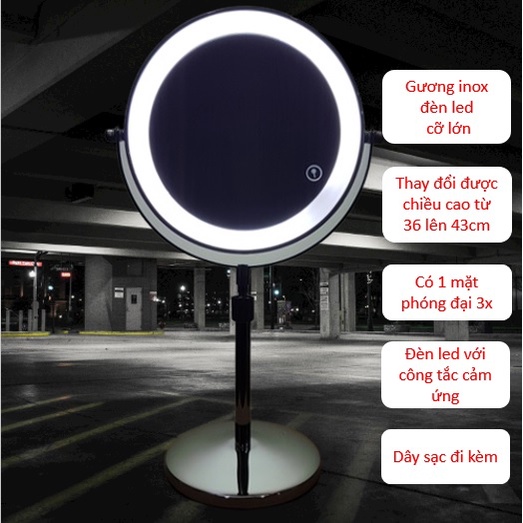 GƯƠNG ĐỂ BÀN ĐÈN LED CẢM ỨNG - GƯƠNG TRANG ĐIỂM 2 MẶT XOAY 360 ĐỘ CÓ PHÓNG ĐẠI