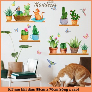 Decal dán tường kệ chậu cây mèo đáng yêu MIVIDECOR