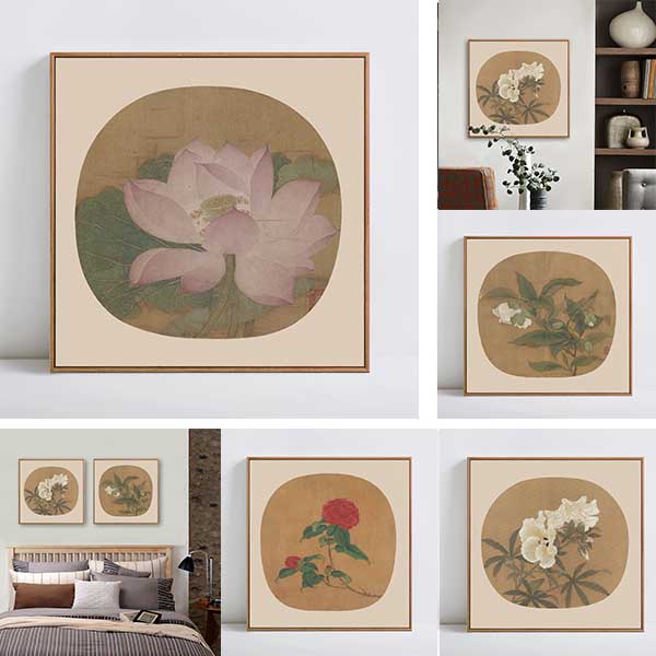 Tranh hoa sen và chim cổ điển phong cách zen trang trí phòng khách nhà hàng homestay phòng trà chất liệu canvas cực đẹp